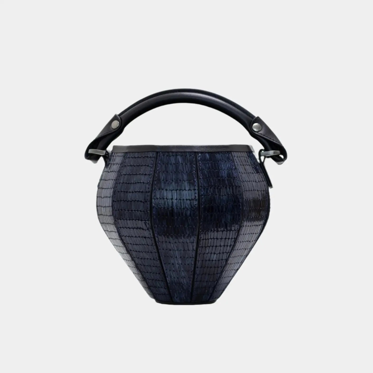 Front view of Rosa handbag in deep blue textured leather with curved silhouette and short handle