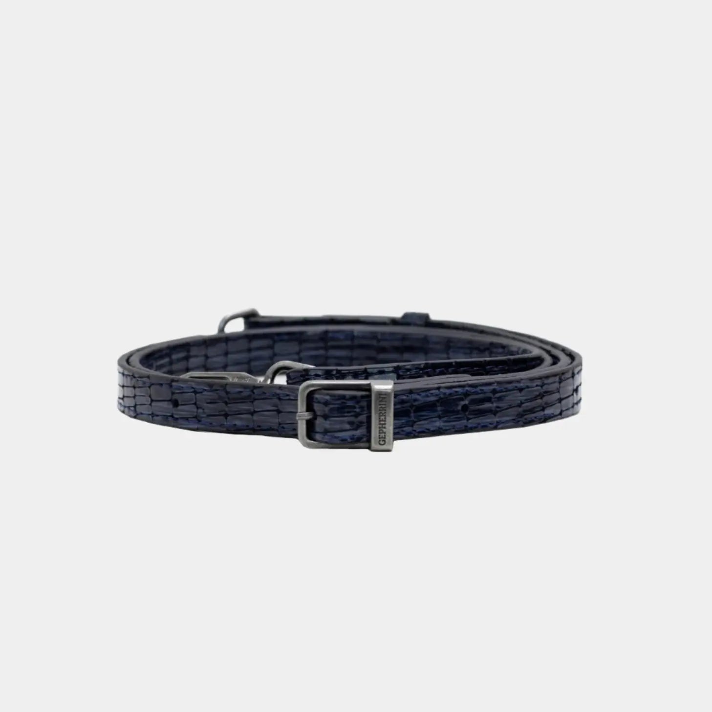 Detachable blue croc-textured leather strap with gunmetal buckle, designed for Rosa handbag