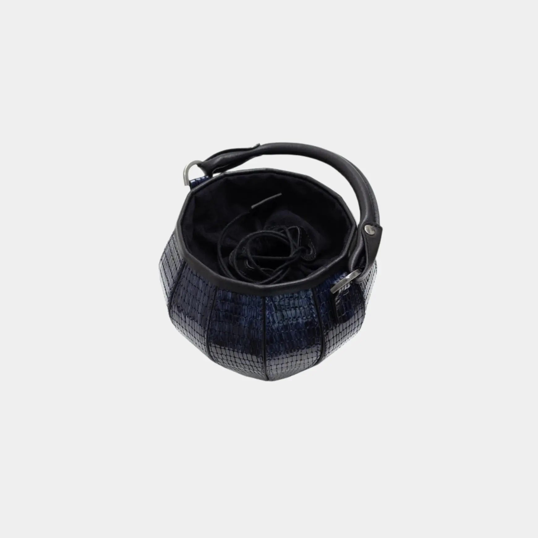Top view of Rosa bag with drawstring pouch interior, open to reveal roomy compartment