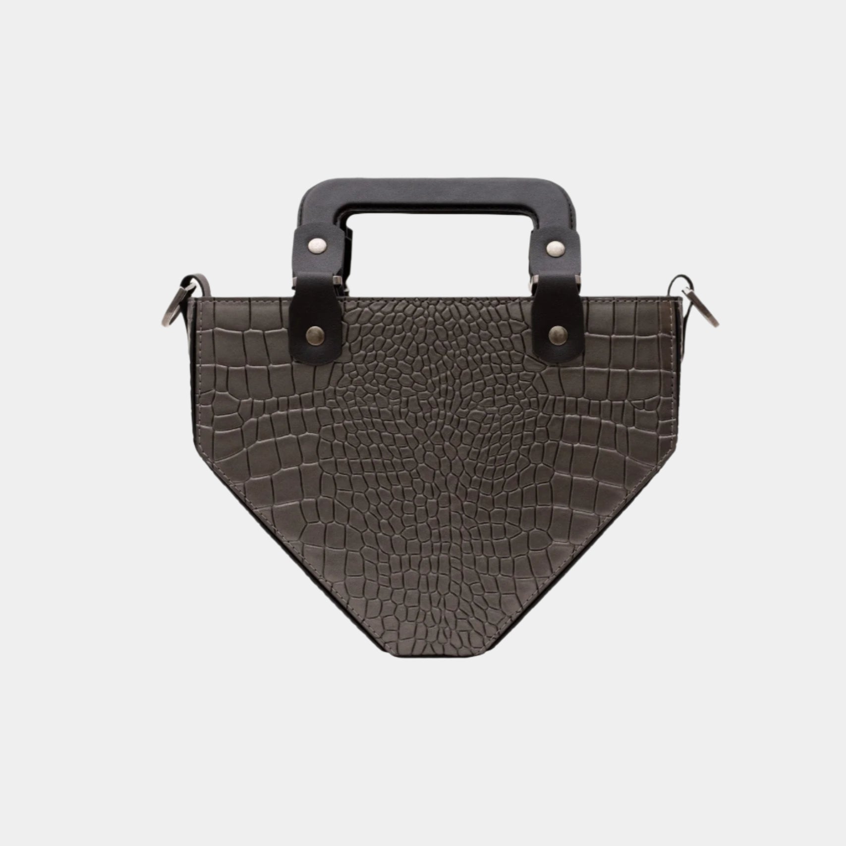 Front view of Vio brown crocodile-embossed leather handbag with structured shape and black handle