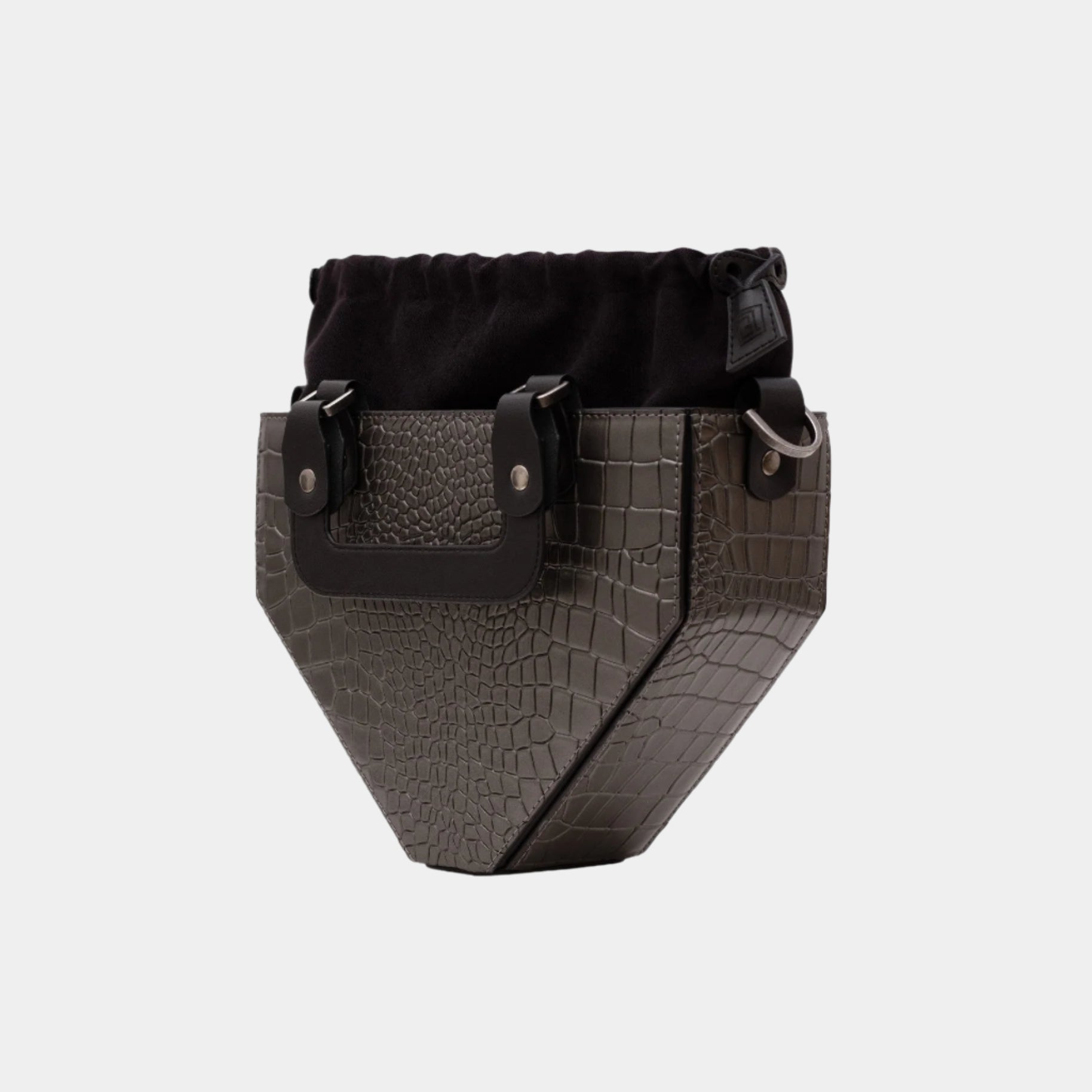 Opened Vio brown handbag with visible black drawstring interior pouch