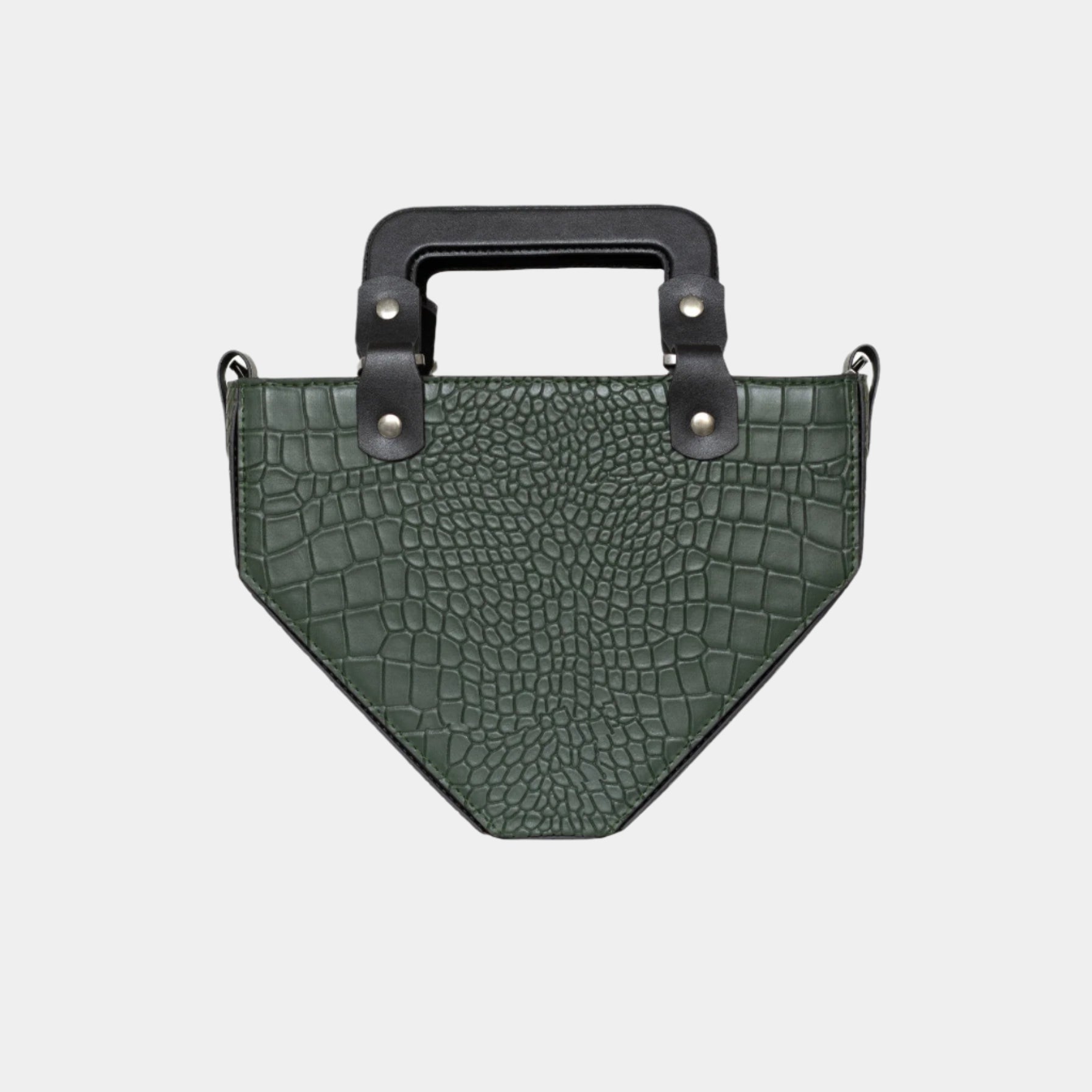 Front view of Vio green croc-embossed leather handbag with structured silhouette
