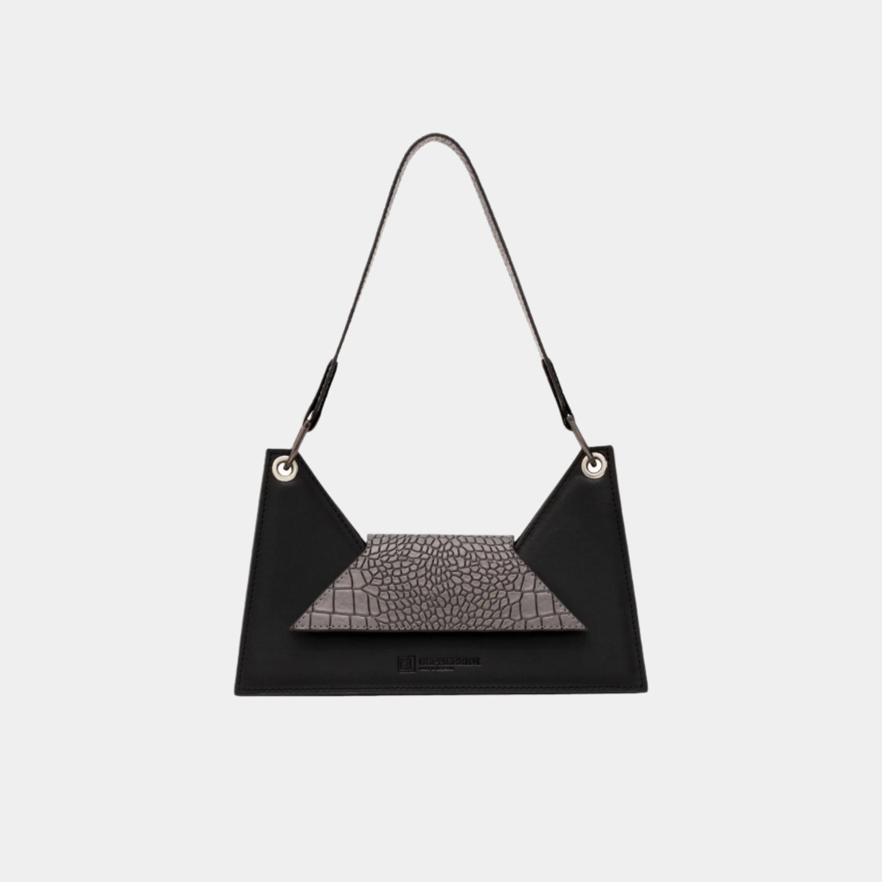 Front view of Gepherrini Kanna shoulder bag in black and gray leather with crocodile-texture flap