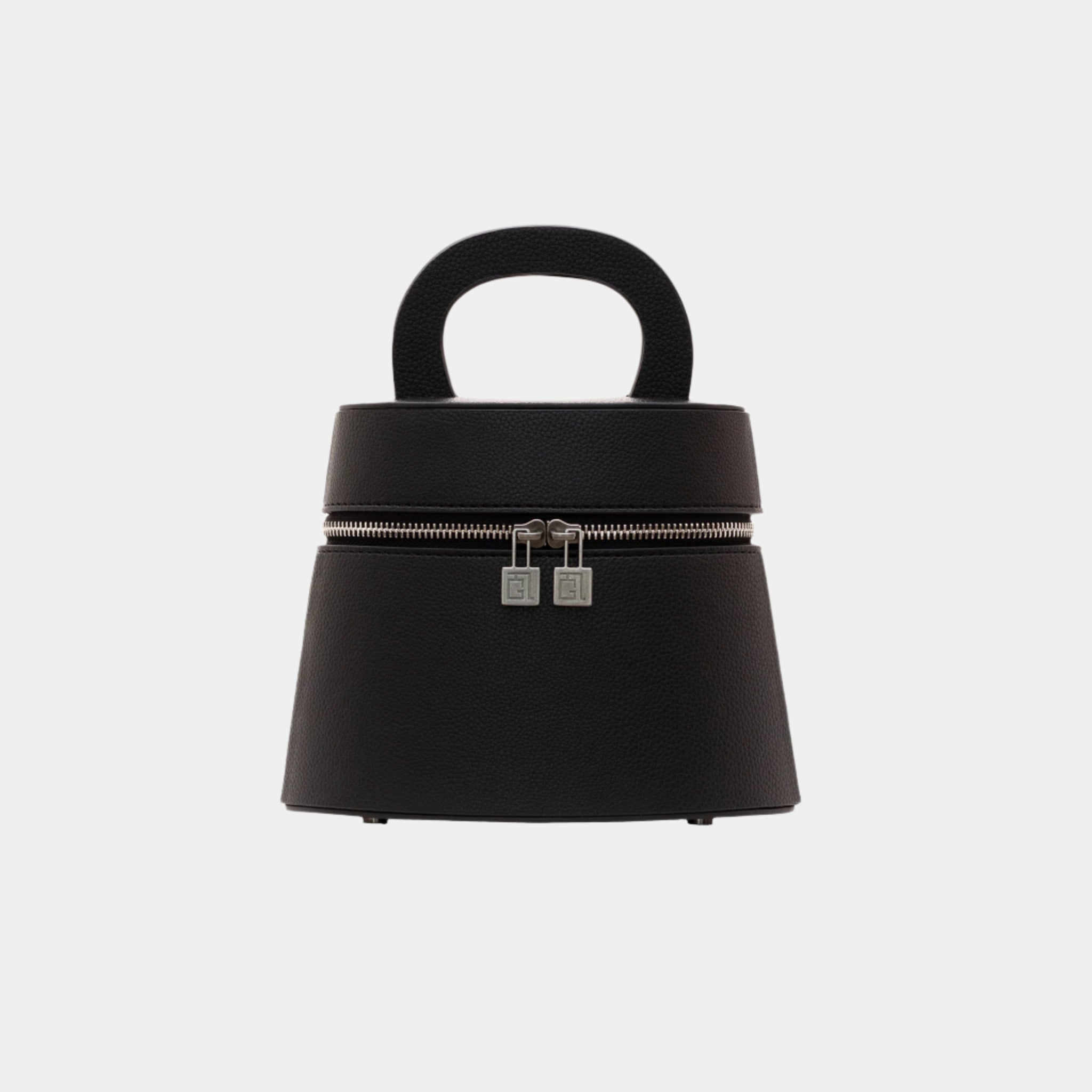 Madelyn black leather bag front angle view with top handle