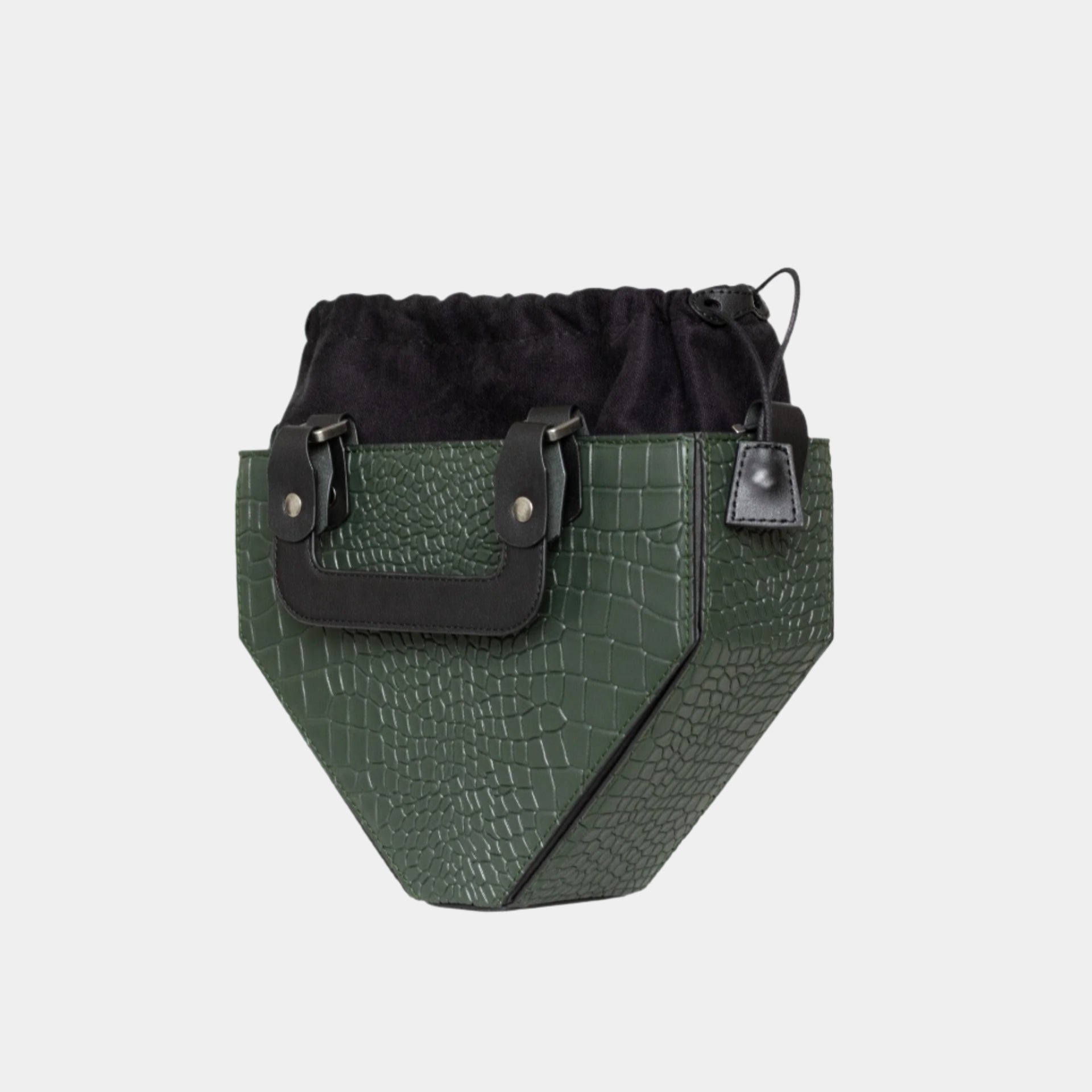 Open top of Vio green handbag showcasing black suede drawstring pouch interior
