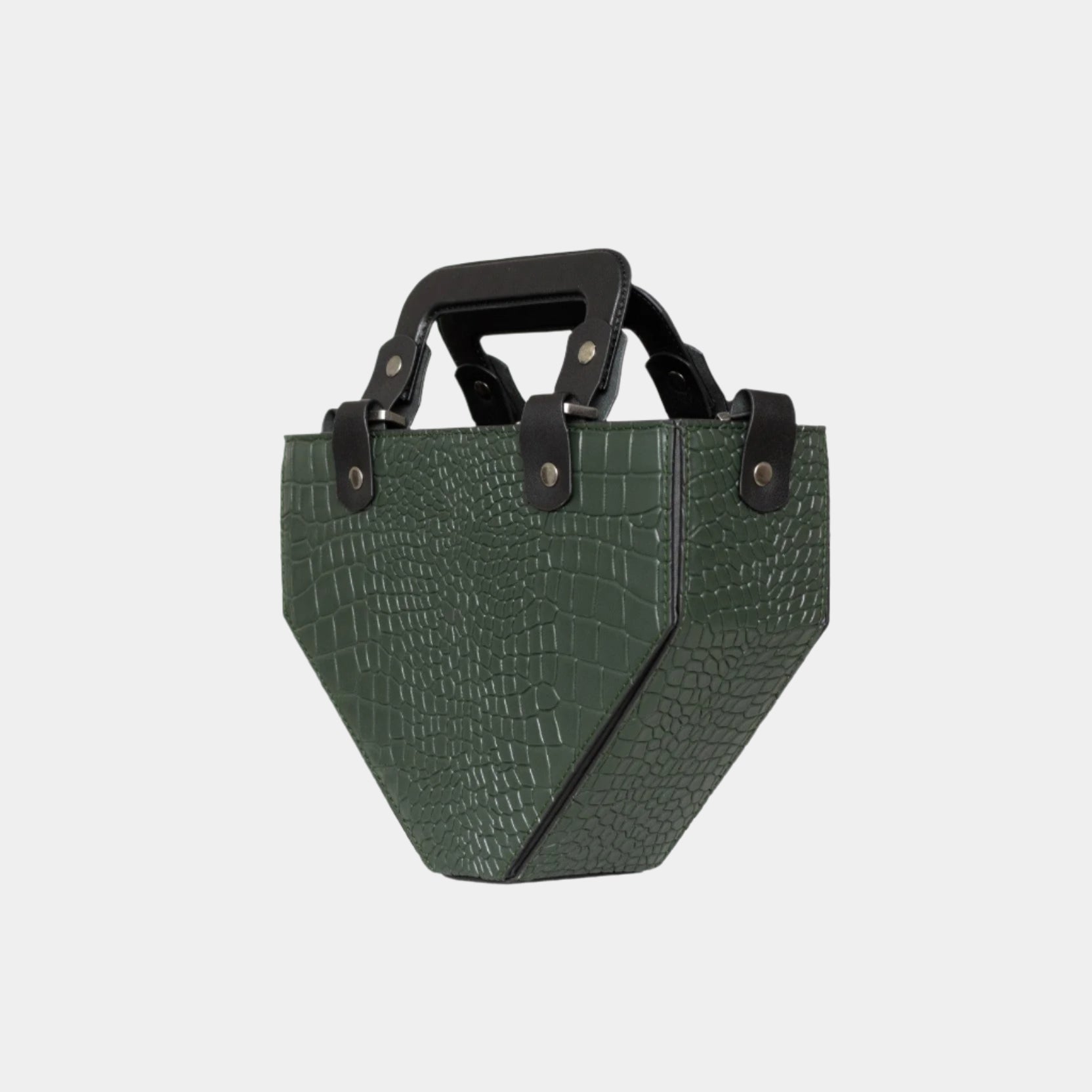 Side profile of Vio green croc-embossed geometric leather handbag with black handles