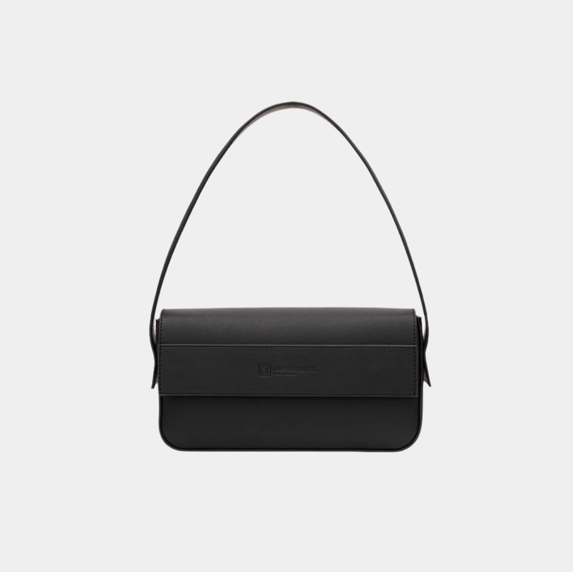 Front view of Gepherrini Thiby black leather handbag with flap closure