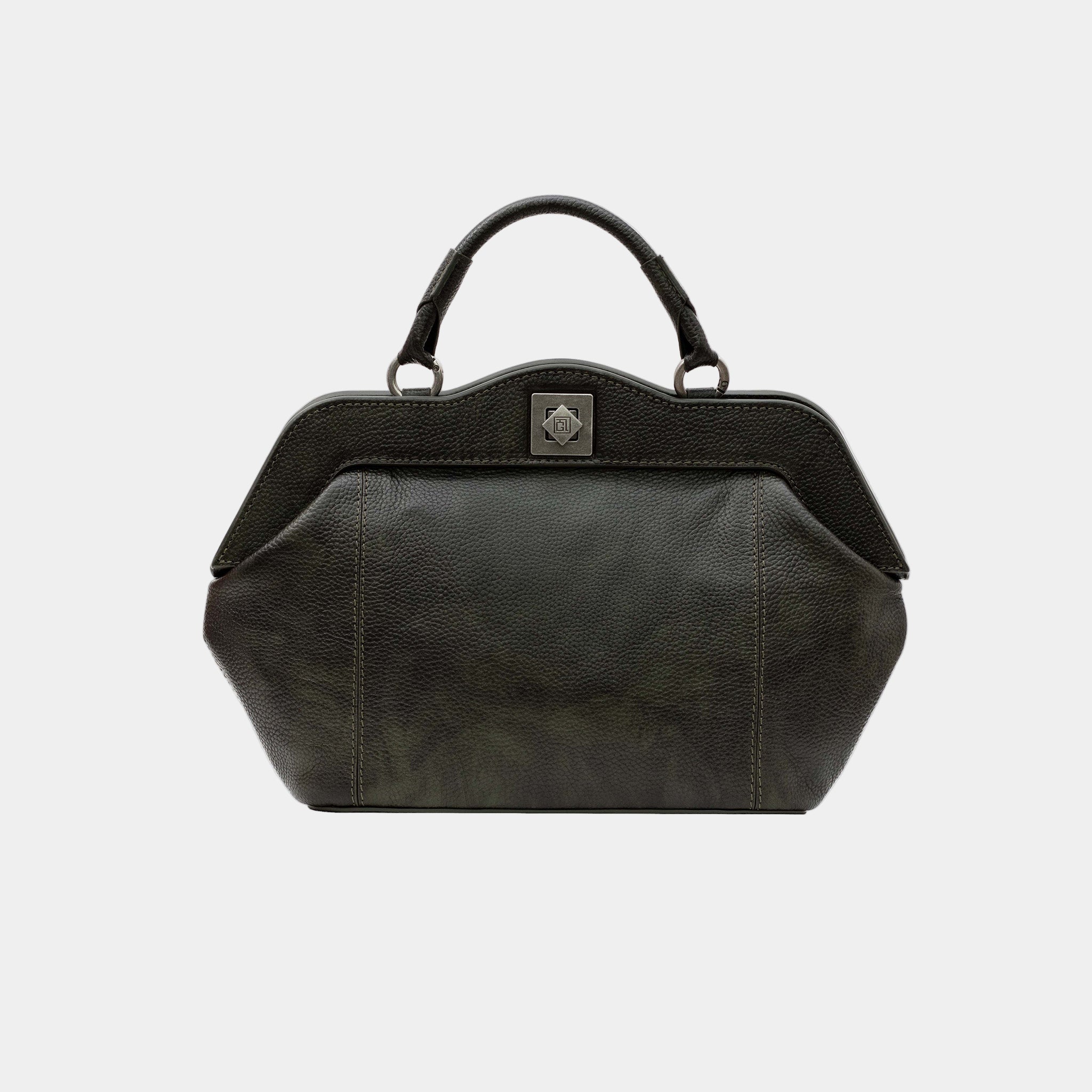 Dolly bag front view – Gepherrini black leather top handle bag with sculptural frame and metal clasp